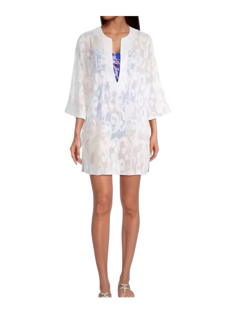 Lilly Pulitzer Zelma Cover Up Kaftan Brocade Burnout White L/XL Resort Pool